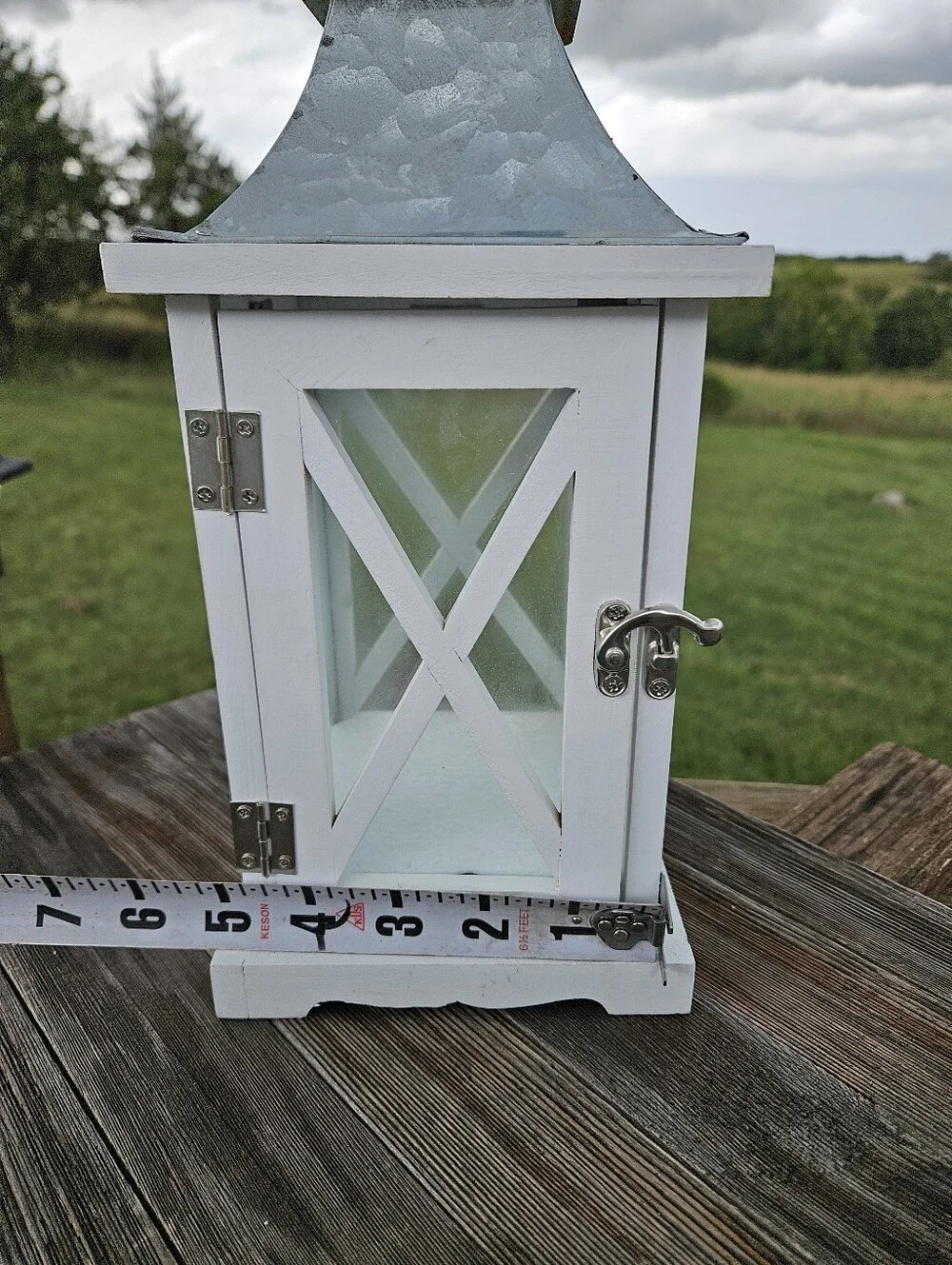 Vintage White Wood Candle Lantern Galvanized Metal Top Country Farmhouse Decor